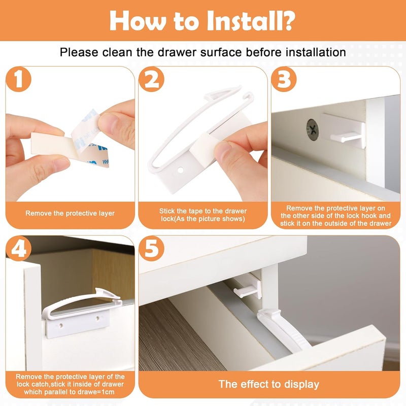 Coolrunner Child Safety Drawer Locks, 8 Pack Safety Invisible Drawer Latches with Strong Adhesive for Baby Care,Only fit for Some Drawer, Please See Below Before Buying - Image 5